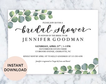 Editable Eucalyptus Bridal Shower Invitation, Botanical Garden Classic Wedding, Instant Digital Download, DIY, 5x7