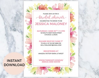 Floral Bridal Shower Invitation, Summer, Wedding, Colorful, Instant Download, Editable Invites, Template, 5x7