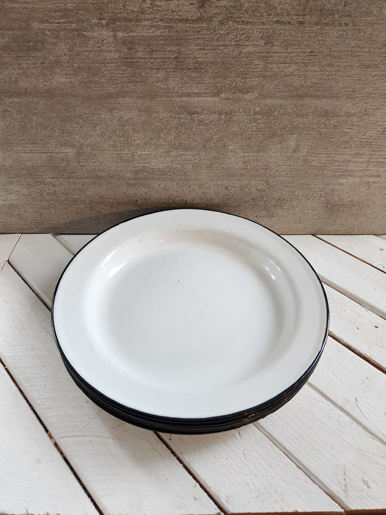 6 Metal Plate White and Black Plate Camping Plate Camping Etsy