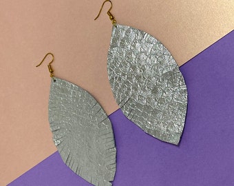 Large Statement Silver Leaf Earrings Faux Leather Vegan