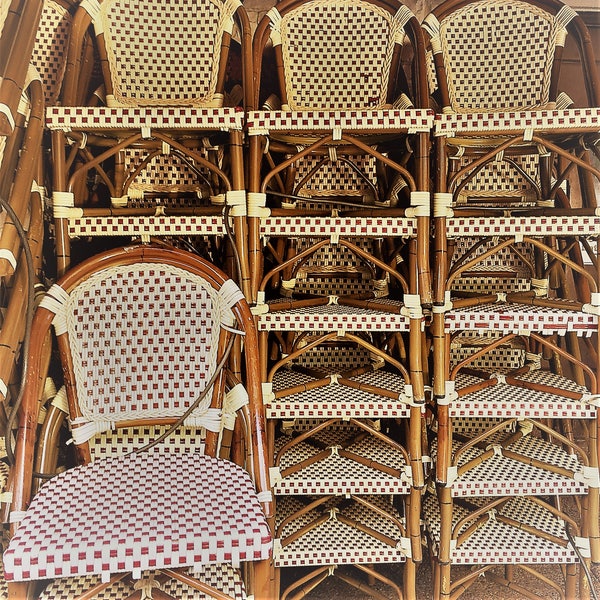 Paris Photography, Stacks of Brown and Cream Rattan Chairs Outside Cafe, Vintage Paris Photography, Square Photo