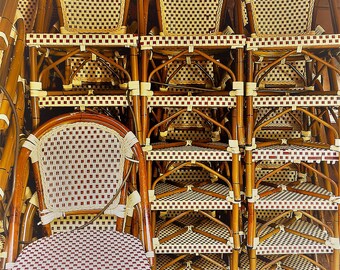 Paris Photography, Stacks of Cafe Chairs, Vintage Style Print, Vintage Wall Art