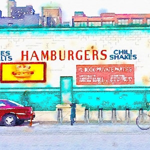 Chicago Photography, Ed Debevic&#39;s Drive-In Sign With Bicycle Rider, 1950s Classic Drive-In Print, Colorful Classic Chicago Print, Waterlogue