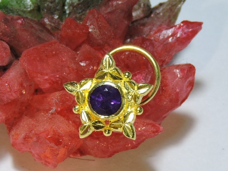 1 Piece Decorative 24Kt Gold Plated Over 92.5 Sterling Silver Natural Purple Amethyst Gemstone Indian Nose Stud For Pierced Nose.