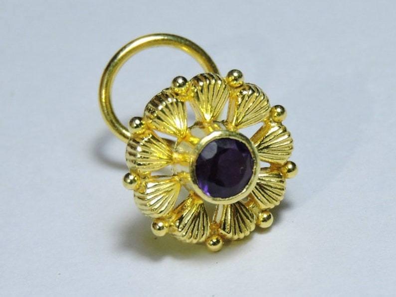 1 Piece Stylish 92.5 Sterling Silver With 24kt Gold Plated Natural Kanela Mines Purple Amethyst Gemstone Indian Nose Stud For Pierced Nose.