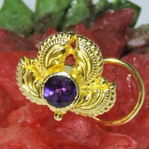 1 Piece 24Kt Gold Plated Over 92.5 Sterling Silver Natural Purple Amethyst Gemstone Indian Nose Stud For Pierced Nose.