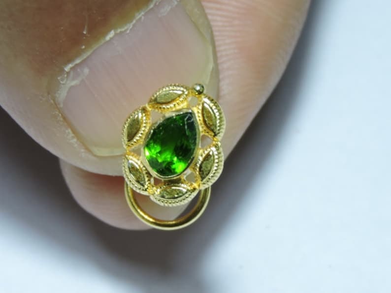 1 Piece 92.5 Sterling Silver With 24Kt Gold Plated Natural Green Tourmaline Pear Gemstone Indian Nose Stud For Pierced Nose.