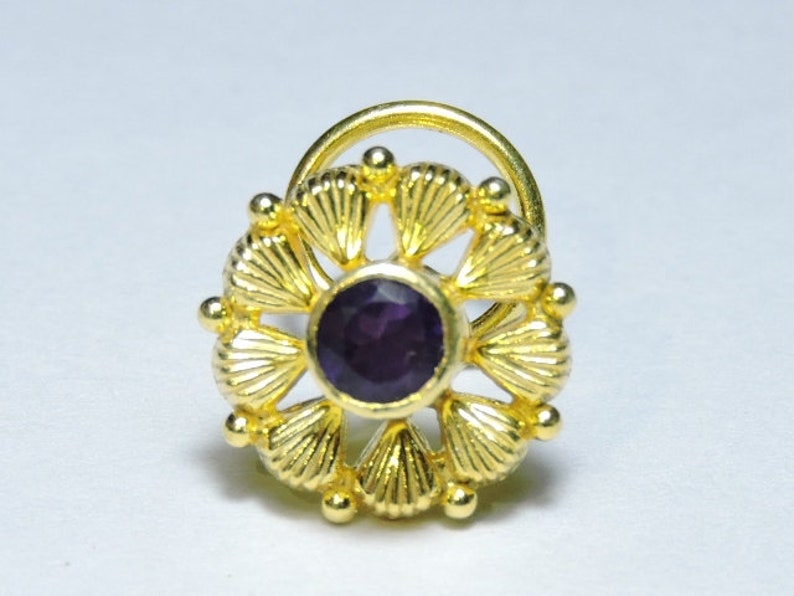 1 Piece Stylish 92.5 Sterling Silver With 24kt Gold Plated Natural Kanela Mines Purple Amethyst Gemstone Indian Nose Stud For Pierced Nose.