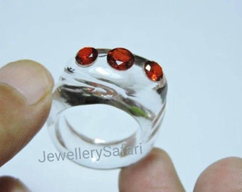 1 Piece Very Attractive Natural Red Garnet Gemstone Fitted Over Natural Rock Crystal Quartz Hand Carved Single Gemstone Made Ring.