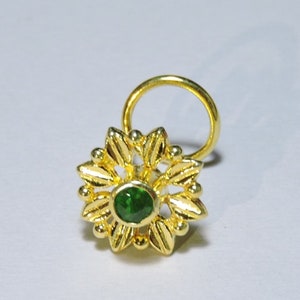 1 Piece 24Kt Gold Plated Over 92.5 Sterling Silver Natural Zambian Emerald Gemstone Indian Nose Stud For Pierced Nose.