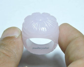 Carved Rose Quartz Chalcedony Ring, Single Stone