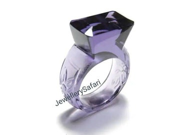 1 stuk prachtige paarse amethistkwarts met de hand gesneden plus gefacetteerde edelsteen gemaakt rechthoekige ring/schattige ringen.