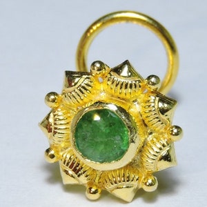 1 Piece Gorgeous 24Kt Gold Plated Over 92.5 Sterling Silver Natural Zambian Emerald Gemstone Indian Nose Stud For Pierced Nose.