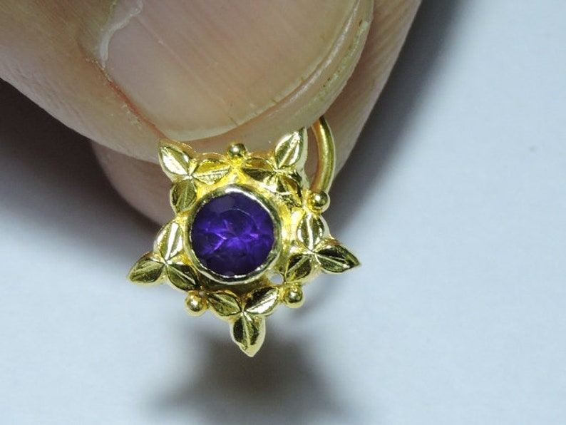 1 Piece Decorative 24Kt Gold Plated Over 92.5 Sterling Silver Natural Purple Amethyst Gemstone Indian Nose Stud For Pierced Nose.