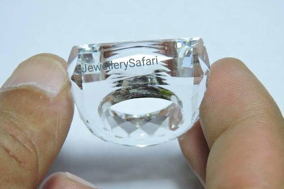 Natural Rock Crystal Quartz Ring, Faceted Prince Cut Gemstone