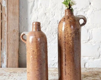 Set: 2 Antique mineral water bottles, clay bottles, Oldpotterypieces