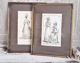 Grabados antiguos en cobre, siglo XIX, revista de moda, mercadillo, marco de latón, cristal convexo, Jane Austen, decoración de casa de campo