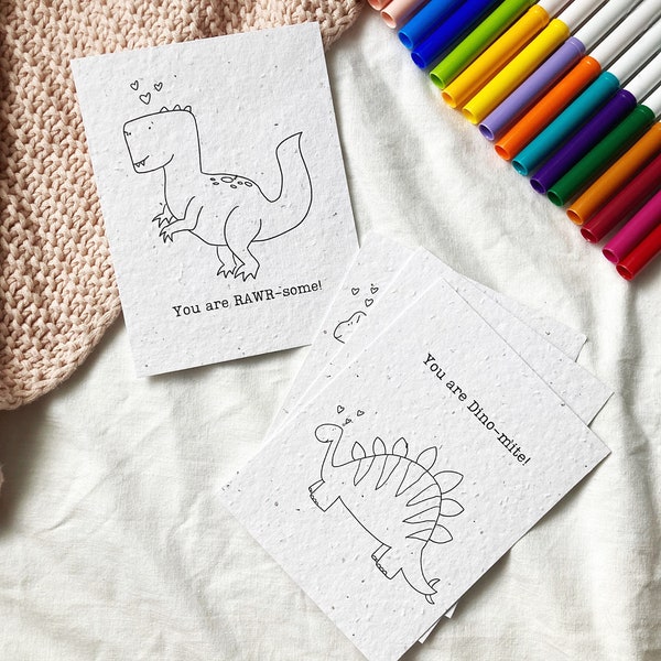 Plantable seed paper// Valentines Card// Color your own Valentines card// Children's Valentine// Teacher Valentine// Dinosaur Valentine