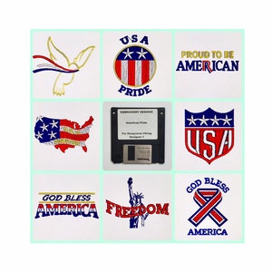 Puede incluir: Un conjunto de nueve diseños de bordado con temas patrióticos, que incluyen una paloma, una bandera, la Estatua de la Libertad y las palabras "USA Pride", "Orgulloso de ser estadounidense", "Dios bendiga a América" y "Libertad".