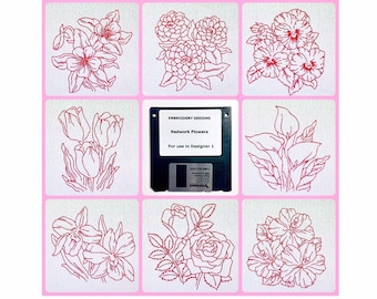 Redwork Flowers Embroidery Designs Floppy Disk for Husqvarna Viking Designer 1