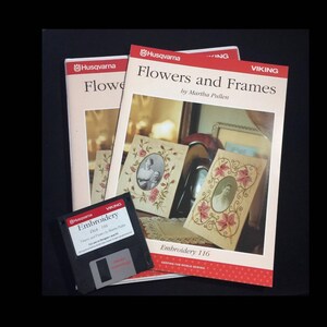 May include: A set of three embroidery patterns featuring flowers and frames. The patterns are titled "Flowers and Frames" by Martha Pullen and "Embroidery 116". The patterns are printed on white paper with a red and white polka dot border. The patterns are accompanied by a floppy disk labeled "Embroidery Disk 116".