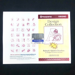 Cartão com desenhos de bordados do alfabeto Redwork para máquinas de bordar Husqvarna Viking Rose, nº 1+, 1250, Scandinavia Iris e Orchedia