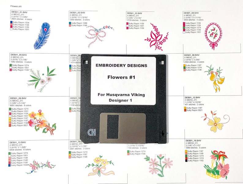 Flowers 1 Embroidery Designs Disk for Husqvarna Viking Designer 1