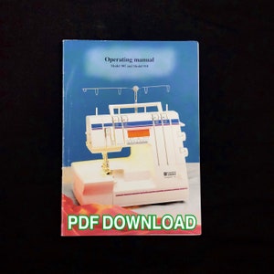Puede incluir: Un manual de instrucciones blanco para una máquina de coser de los modelos 905 y 910. El manual tiene una imagen de la máquina de coser en la portada con el texto "PDF DOWNLOAD" en la parte inferior.