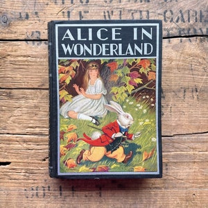 1936 Alice in Wonderland book by Lewis Carroll, silver lettering, mad tea party, cheshire cat, Through the Looking Glass, collectible book