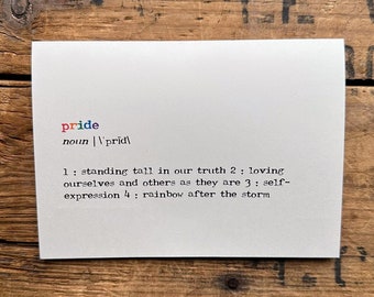 pride definition greeting card in rainbow typewriter font with envelope and rose sticker, size 4x5.5 card, pride month, coming out, LGBTQ