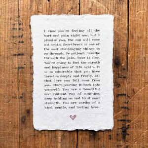 You are worthy of lasting love heartbreak print by Love Lani in typewriter font on handmade paper, comforting words for divorce or breakup
