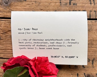 columbus ohio definition greeting card in typewriter font with envelope and rose sticker, or custom stationery notecard, housewarming card