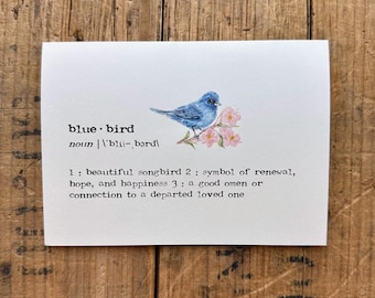 bluebird definition greeting card with original watercolor, 4" x 5.5", includes envelope and rose sticker seal, blank spring stationery