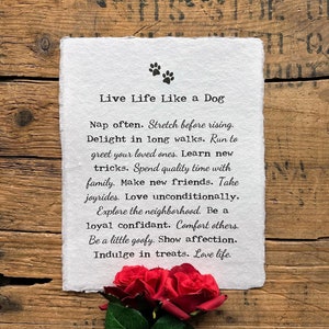 Vivi la vita come un cane, consigli stampati in caratteri da macchina da scrivere e corsivo su carta fatta a mano, nuovi genitori di cani, regalo per amanti dei cani, consigli per genitori di animali domestici