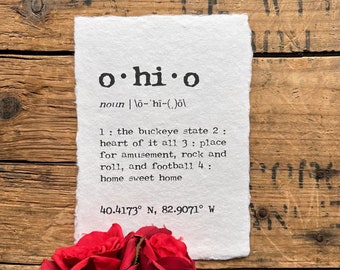 ohio definition print in typewriter font on handmade paper, ohio state buckeyes, cleveland, columbus, cincinnati, toledo, housewarming gift