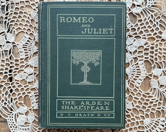 Antique 1916 Romeo and Juliet Shakespeare book, green cover, tragedy, vintage bookshelf decor, romantic anniversary gift