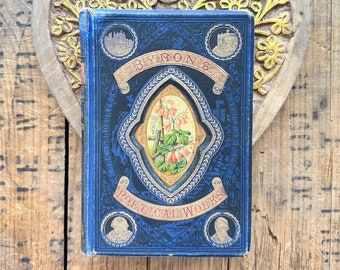 Antique Poetical Works of Lord Byron book, stunning blue and gold cover with floral inset, romantic wedding gift, blue christmas decor