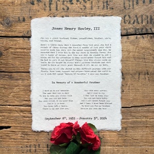 elogio personalizado, obituario, últimas palabras, dolor o poema de amor impreso en papel hecho a mano, recuerdo, regalo de simpatía o condolencia, recuerdo conmemorativo