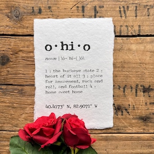 ohio definition print in typewriter font on handmade paper, ohio state buckeyes, cleveland, columbus, cincinnati, toledo, housewarming gift