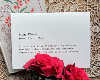 twin flame definition greeting card in typewriter font with envelope and rose sticker seal, size 4x5.5 blank card, anniversary, best friend