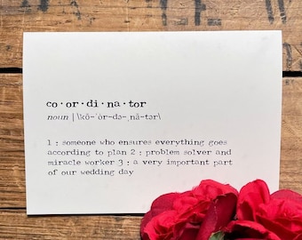 wedding coordinator definition greeting card in typewriter font with envelope and rose sticker seal, blank card, wedding planner thank you