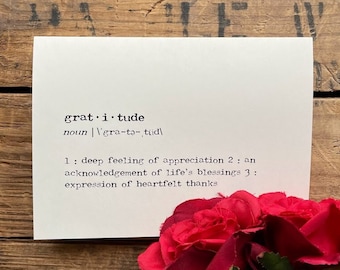 gratitude definition greeting card in typewriter font with envelope and rose sticker, size 4x5.5 card, thank you card, gratitude stationery