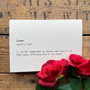 love definition greeting card in typewriter font with envelope and rose sticker seal, size 4x5.5 blank card, anniversary, wedding card image 1