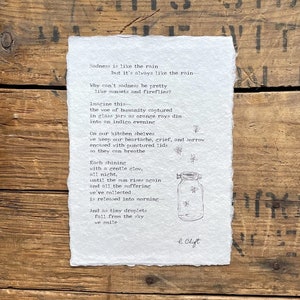 Sadness and fireflies poem by R. Clift in typewriter font on 5x7, 8x10, 11x14 handmade paper, grief poem, condolence, sympathy, loss gift