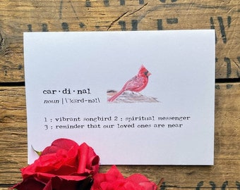 cardinal definition greeting card with original watercolor, 4" x 5.5", includes envelope and rose sticker seal, blank sympathy notecard