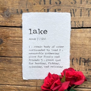 lake definition print in typewriter font on 5x7, 8x10, 11x14 handmade paper, lake life quote print, lake house decor, lake family memories