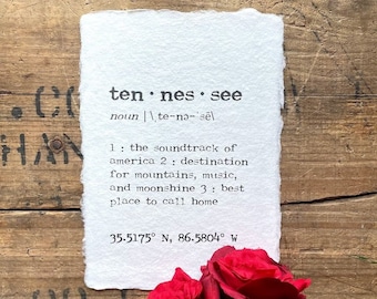 tennessee definition print in typewriter font on 5x7, 8x10, 11x14 handmade paper, nashville, memphis, knoxville, tennessee music, mountains