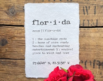 Impresión con definición de florida en fuente de máquina de escribir en papel hecho a mano de 5 x 7, 8 x 10, 11 x 14, estado del sol, mundo de disney, orlando, miami, tampa