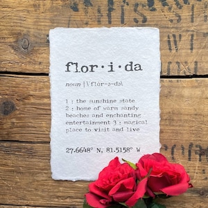florida definition print in typewriter font on 5x7, 8x10, 11x14 handmade paper, sunshine state, disney world, orlando, miami, tampa