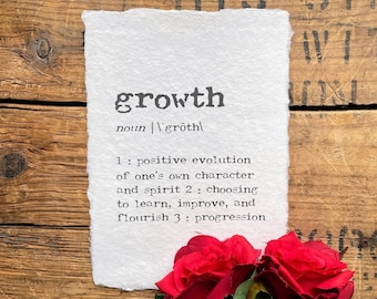 growth definition print in typewriter font on 5x7, 8x10, 11x14 handmade paper, gift for student, making progress, growth quote, flourish